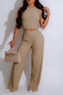 Apricot Casual Solid Color Basic O Neck Sleeveless Two Pieces