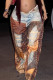 Brown Casual Print Buckle Patchwork Loose Mid Waist Conventional Full Print Bottoms