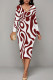 Burgundy Casual Stripe Patchwork V Neck Wrapped Skirt Dresses