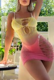 Yellow Pink Sexy Gradient Hollow Out See-Through Backless Lingerie