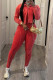 Tangerine Red Casual Solid Color Pocket Patchwork Turndown Collar Long Sleeve Two Pieces