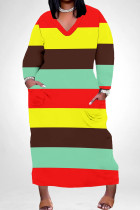 Brown Green Casual Colorblock Pocket Patchwork V Neck Straight Plus Size Dresses