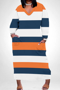 Orange White Casual Colorblock Pocket Patchwork V Neck Straight Plus Size Dresses