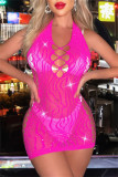 Rose Red Sexy Rhinestone Patchwork Hollow Out See-Through Backless Lingerie