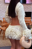 Apricot Sexy Solid Color Fringed Trim Patchwork Deep V Neck Long Sleeve Two Pieces