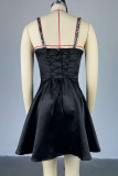 Black Sexy Solid Color Sequins Patchwork Backless Spaghetti Strap A Line Dresses