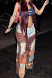 Blue Casual Print Buckle Patchwork Loose Mid Waist Conventional Full Print Bottoms