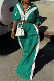 Green Casual Patchwork Contrast Zipper Collar Long Sleeve Two Pieces