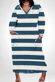 Blue White Casual Colorblock Pocket Patchwork V Neck Straight Plus Size Dresses