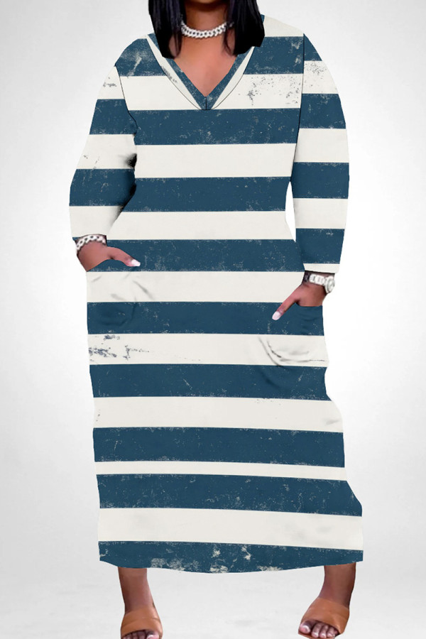 Blue White Casual Colorblock Pocket Patchwork V Neck Straight Plus Size Dresses