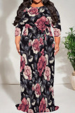 Orange Black Casual Print Patchwork O Neck Long Plus Size Dresses