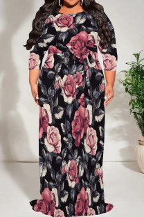 Grey Red Casual Print Patchwork O Neck Long Plus Size Dresses