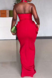 Red Elegant Solid Color Patchwork Slit Flower Shape Halter Long Dresses