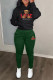 Black Green Casual Print Pocket Patchwork Hooded Long Sleeve Two Pieces