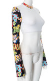 White Casual Print Patchwork O Neck Tops