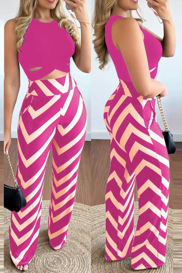 Rose Red Casual Print Hollowed Out O Neck Sleeveless Two Pieces