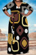 Black Casual Geometric Print Lace Up Contrast V Neck Printed Plus Size Dresses