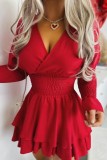 Red Casual Print Solid Patchwork V Neck Long Sleeve Dresses