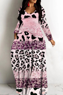 Light Pink Casual Leopard Print Basic V Neck Long Dresses