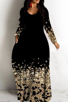 Black Casual Leopard Print Basic V Neck Long Dresses