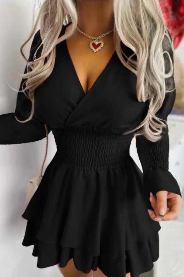Black Casual Print Solid Patchwork V Neck Long Sleeve Dresses