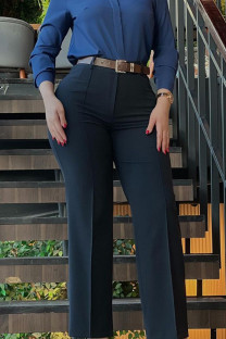 Navy Blue Casual Solid Color Basic Straight High Waist Straight Solid Color Trousers (Without Belt)