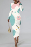 White Green Casual Print Basic O Neck Long Sleeve Dresses