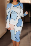 Multicolor Casual Street Geometric Print Contrast O Neck Printed Dresses