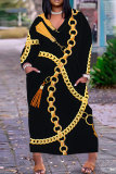 Black Brown Casual Daily Chain print Pocket Basic V Neck Long Plus Size Dresses