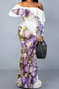 Purple Sexy Flowers Print Ruffle Contrast Off Shoulder Long Dresses