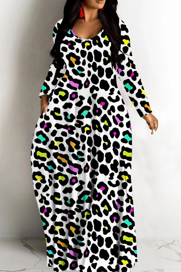 White Casual Leopard Print Basic V Neck Long Dresses