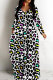 White Casual Leopard Print Basic V Neck Long Dresses