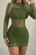 Army Green Sexy Casual Solid Color Hollow Out Patchwork See-Through O Neck Long Sleeve Dresses