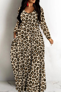 Camel Casual Leopard Print Basic V Neck Long Dresses