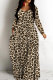 Camel Casual Leopard Print Basic V Neck Long Dresses