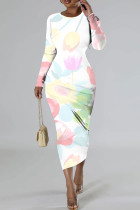 White Pink Casual Print Basic O Neck Long Sleeve Dresses