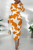 Orange Casual Print Patchwork O Neck Long Dresses