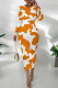 Orange Casual Print Patchwork O Neck Long Dresses
