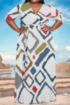 White Casual Geometric Print Lace Up Contrast V Neck Printed Plus Size Dresses