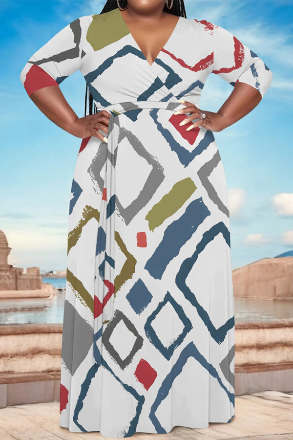 White Casual Geometric Print Lace Up Contrast V Neck Printed Plus Size Dresses