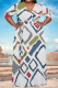White Casual Geometric Print Lace Up Contrast V Neck Printed Plus Size Dresses