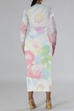 White Green Casual Print Basic O Neck Long Sleeve Dresses