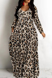 Pink Casual Leopard Print Basic V Neck Long Dresses