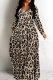 Camel Casual Leopard Print Basic V Neck Long Dresses