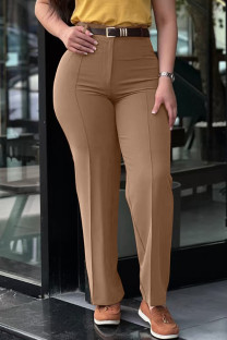 Light Brown Casual Solid Color Basic Straight High Waist Straight Solid Color Trousers (Without Belt)
