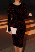 Black Red Casual Stripe Patchwork O Neck Wrapped Skirt Dresses