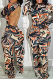 Green Casual Print Patchwork Backless O Neck Skinny Jumpsuits