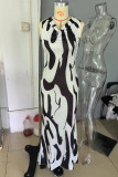 Red Casual Print Basic V Neck Long Dresses