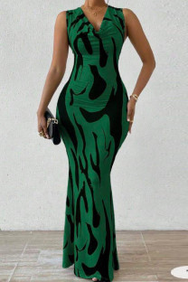 Ink Green Casual Print Basic V Neck Long Dresses