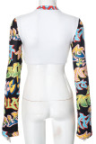 White Casual Print Patchwork O Neck Tops